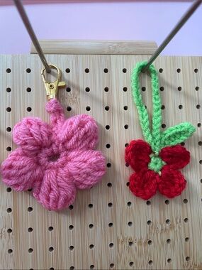 Handmade Pink Crochet Flower Keychain -